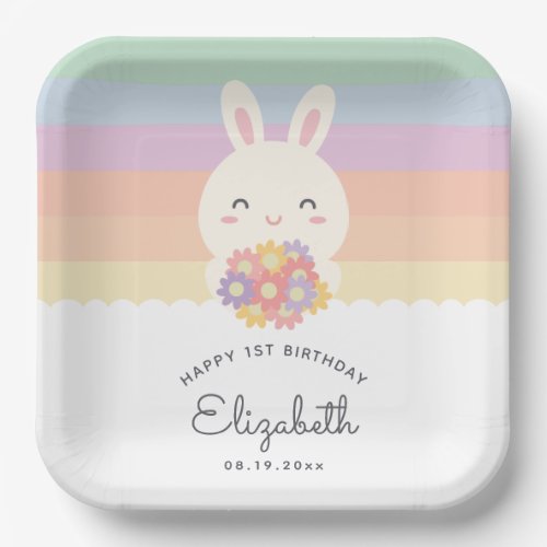 Cute Some Bunny is Turning One Rainbow Birthday Paper Plates