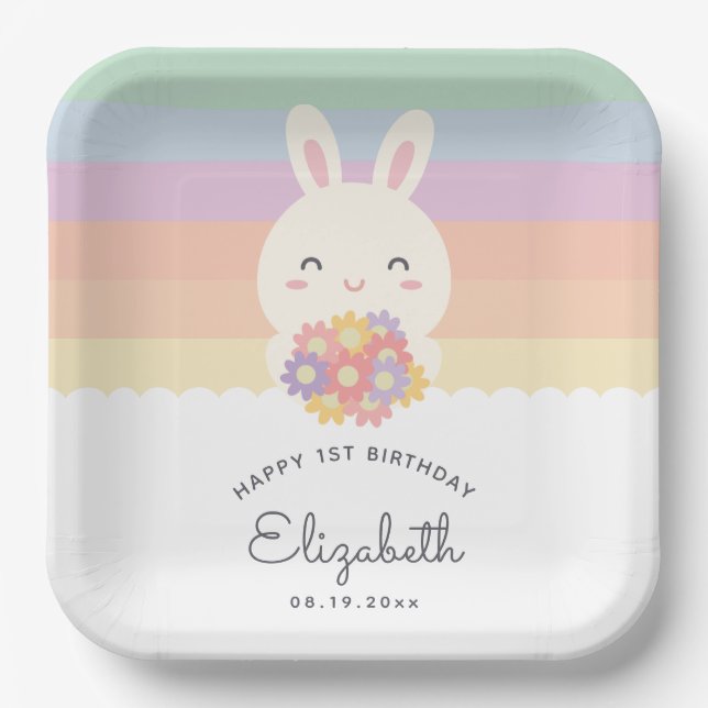 Cute Some Bunny is Turning One Rainbow Birthday Paper Plates (Front)