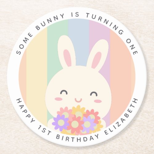 Cute Some Bunny is Turning One Rainbow Birthday Round Paper Coaster