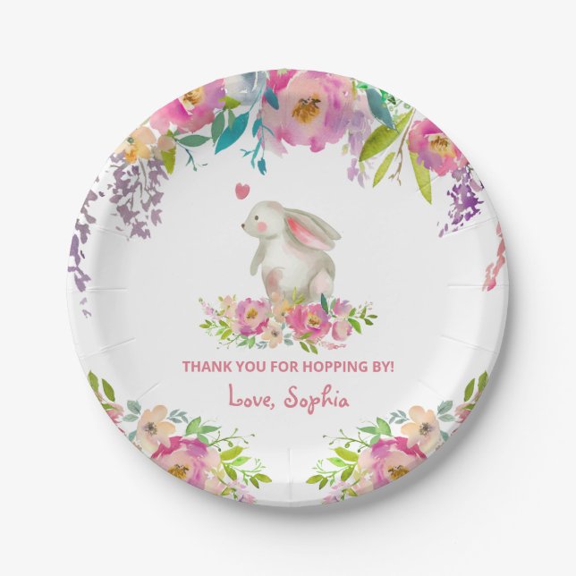 Cute Some Bunny Pink Floral Girl Birthday Paper Plates (Front)