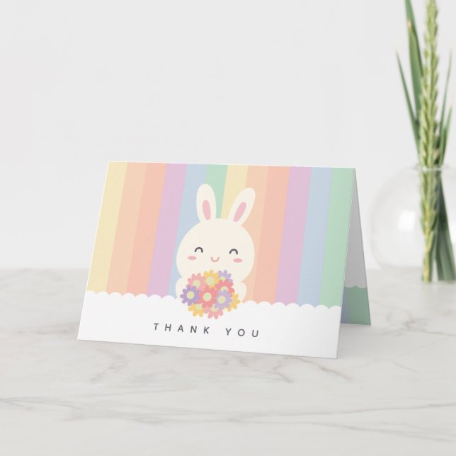 Cute Some Bunny Rabbit with Flowers Rainbow Thank You Card (Front)