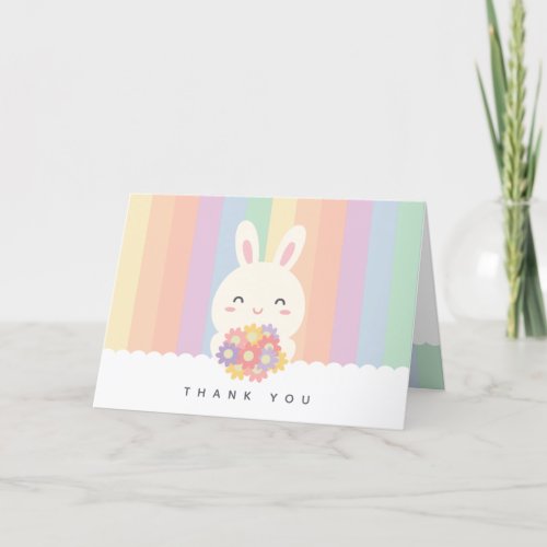Cute Some Bunny Rabbit with Flowers Rainbow Thank You Card