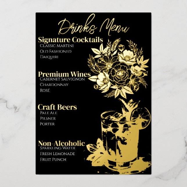 Cute Sophisticated Gold-Foiled Cocktail Menu (Front)