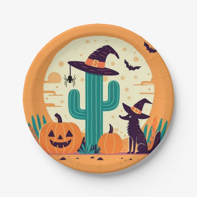 Cute, southwestern Halloween desert/cactus Paper Plates (Front)