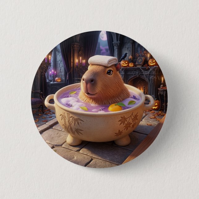 Cute Spa Bath Cauldron Capybara Button Pin (Front)