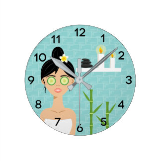 Cute Spa Woman With Candles &amp; Bamboo Illustration Round Clock