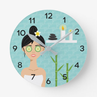 Cute Spa Woman With Candles & Bamboo Illustration Round Clock