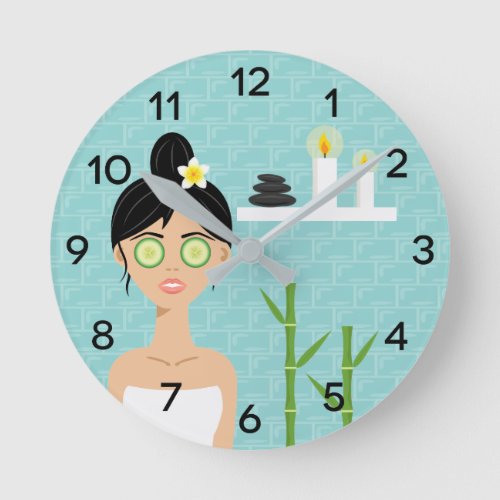 Cute Spa Woman With Candles  Bamboo Illustration Round Clock