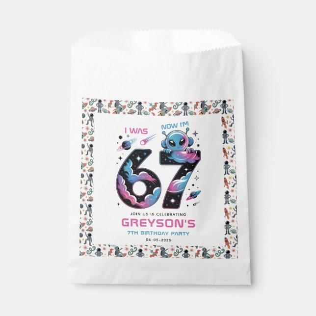 Cute Space 7th Birthday | Six & Seven Year Old Favor Bag (Front)
