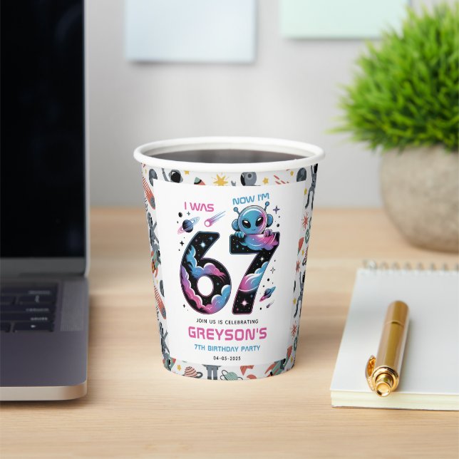 Cute Space 7th Birthday | Six & Seven Year Old Paper Cups (Insitu)