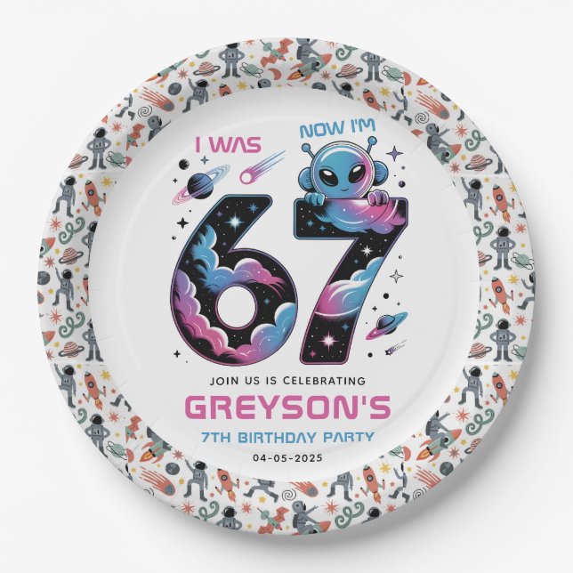 Cute Space 7th Birthday | Six & Seven Year Old Paper Plates (Front)