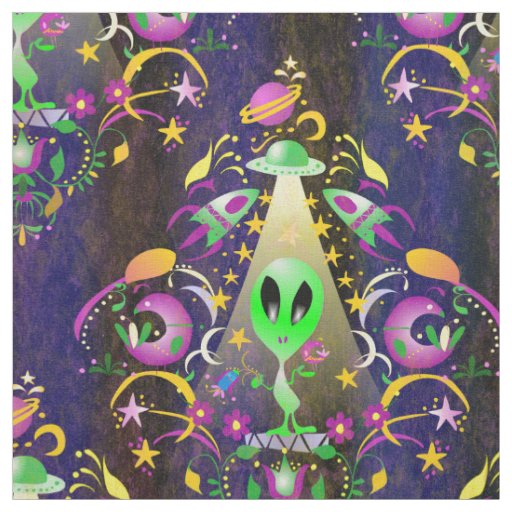 Cute Space Alien Floral SciFi Damask Fabric