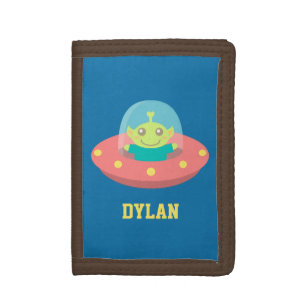 Cute Space Alien in Spaceship Kids Name Wallet