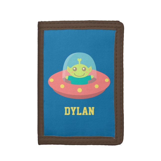 Cute Space Alien in Spaceship Kids Name Wallet (Front Vertical)