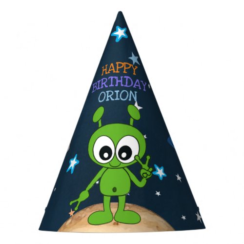 Cute Space Alien Peace Planet Stars Happy Birthday Party Hat
