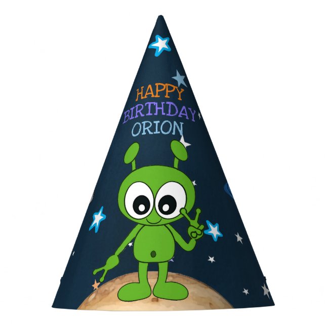 Cute Space Alien Peace Planet Stars Happy Birthday Party Hat (Front)