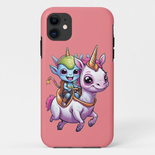 Cute Space Alien riding unicorn funny UFO  iPhone 11 Case