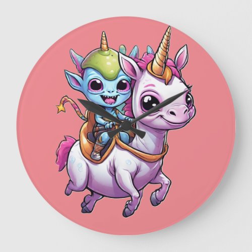 Cute Space Alien riding unicorn funny UFO  Large Clock