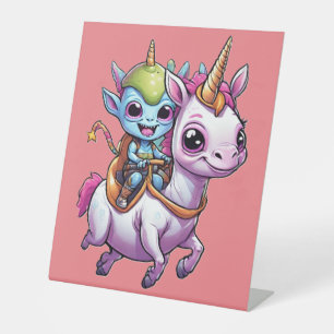 Cute Space Alien riding unicorn funny UFO Pedestal Sign
