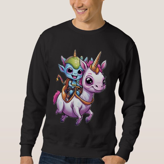 Cute Space Alien riding unicorn funny UFO  Sweatshirt (Front)