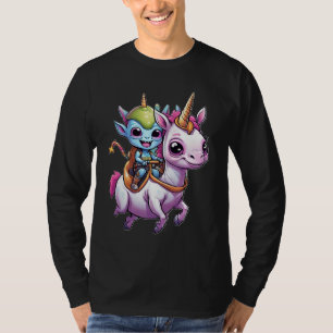 Cute Space Alien riding unicorn funny UFO  T-Shirt