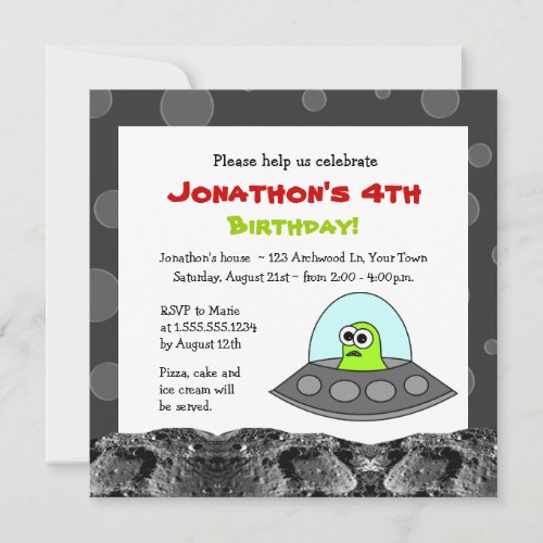 Cute Space Alien Theme Kids Birthday Custom Invite
