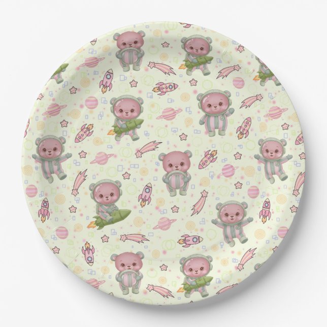 Cute Space Astronaut Bear Seamless Pattern Paper Plates (Front)