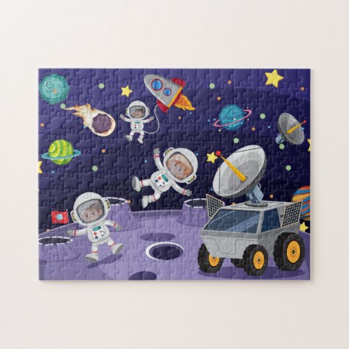 Cute Space Astronauts Moon Landing Kids Cartoon Jigsaw Puzzle