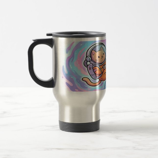 Cute Space Cat Astronaut Coffee Lover Travel Mug (Left)