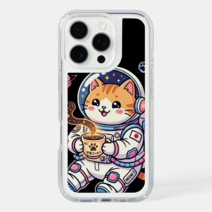 Cute Space Cat Astronaut Drinking Coffee iPhone C 16 Pro Case