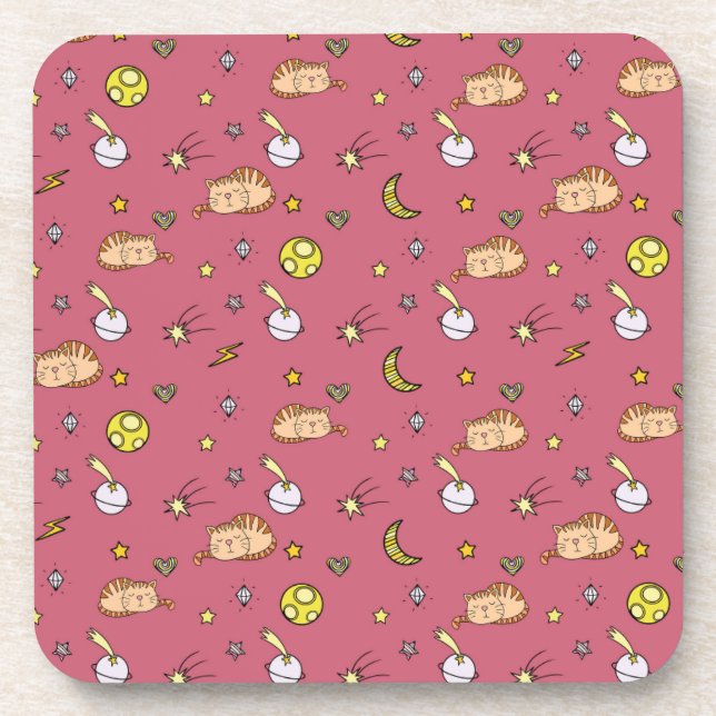 Cute Space Cat Pattern – Adorable Cosmic Kitty Beverage Coaster (Front)