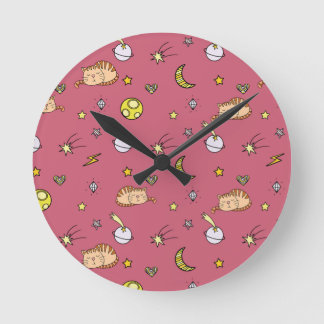 Cute Space Cat Pattern – Adorable Cosmic Kitty Round Clock