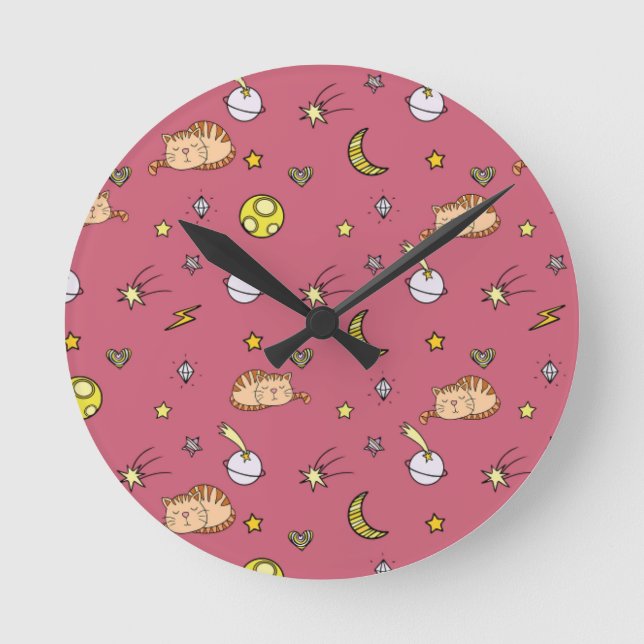 Cute Space Cat Pattern – Adorable Cosmic Kitty Round Clock (Front)