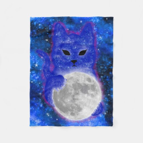 Cute Space Cat Playing with the Moon Fleece Blanket