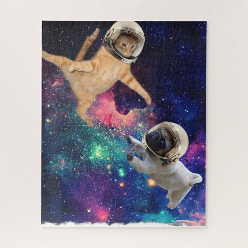 Cute Space Cat vs Pug Shirt Galaxy Epic Fight In Jigsaw Puzzle