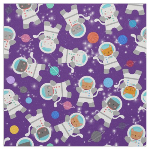 Cute Space Cats Kids Kitten Astronauts Purple Fabric