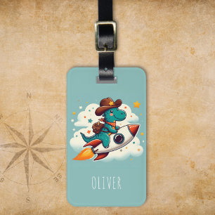 Cute Space Cowboy Dinosaur Riding Rocket Luggage Tag