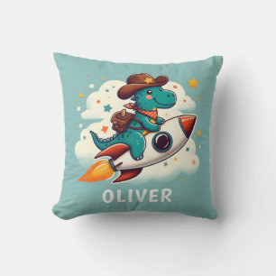 Cute Space Cowboy Dinosaur Riding Rocket Throw Pillow
