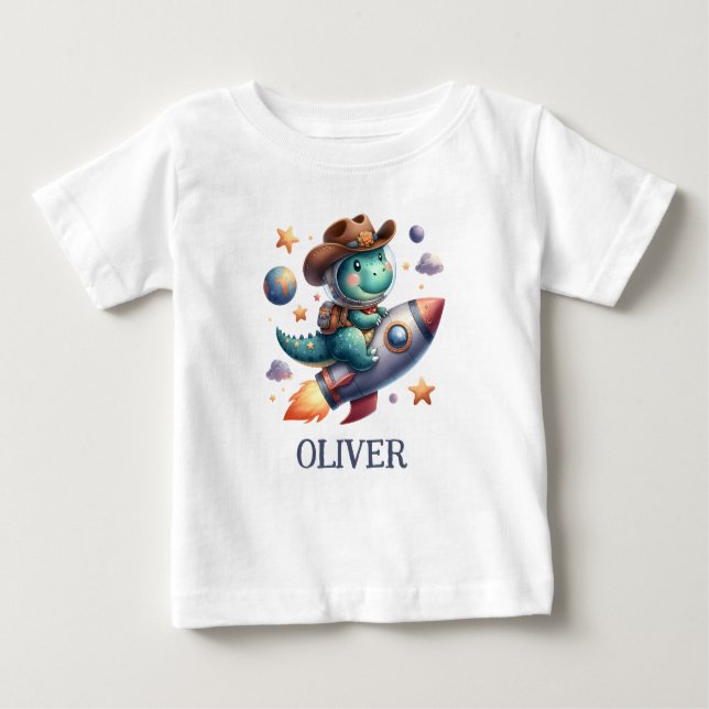Cute Space Cowboy Dinosaur Riding Space Rocket Baby T-Shirt (Front)