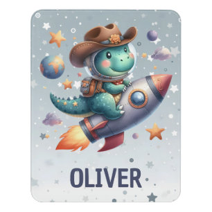Cute Space Cowboy Dinosaur Riding Space Rocket Door Sign