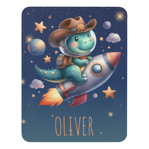 Cute Space Cowboy Dinosaur Riding Space Rocket Door Sign