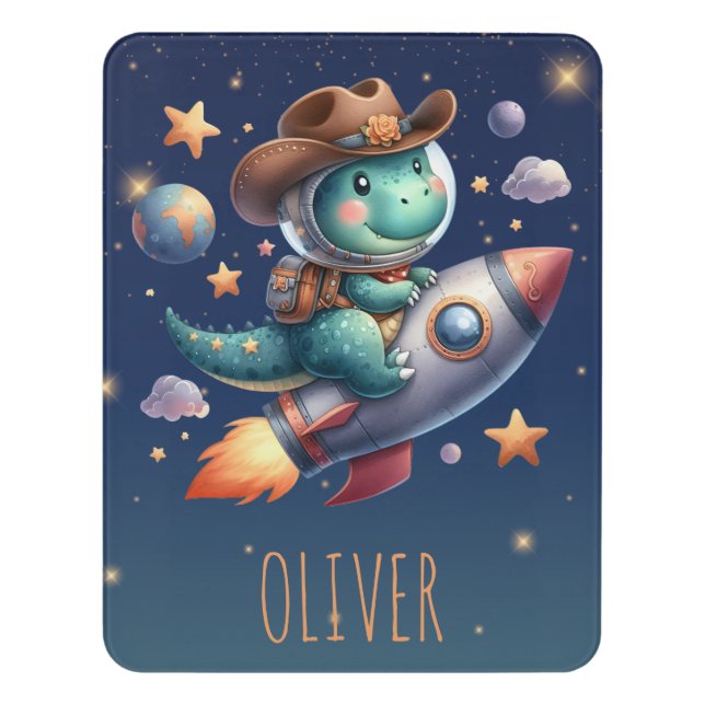 Cute Space Cowboy Dinosaur Riding Space Rocket Door Sign (Contemporary Vert)
