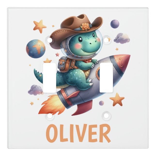 Cute Space Cowboy Dinosaur Riding Space Rocket Light Switch Cover (Front)