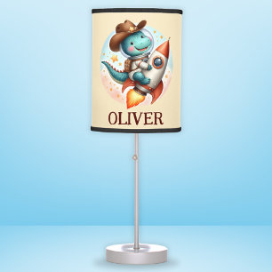 Cute Space Cowboy Trex Riding Space Rocket Table Lamp