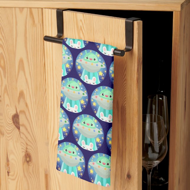 Cute Space Creature And Bunny Rabbit Kitchen Towel (Thirds Fold)