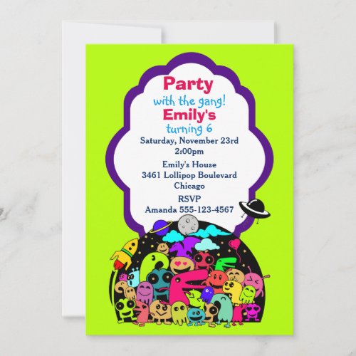 Cute Space Creatures Birthday Party Invite