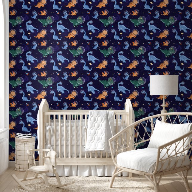 Cute space dinosaur astronaut kids peel and stick wallpaper  (Kids)