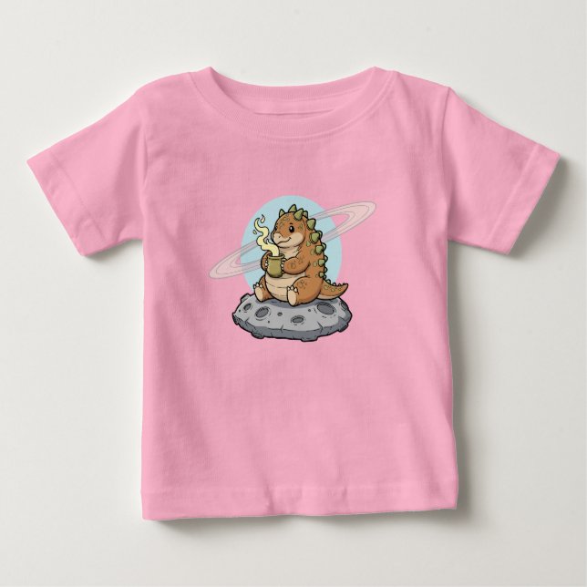 Cute Space Dinosaur Coffee Illustration Baby T-Shirt (Front)
