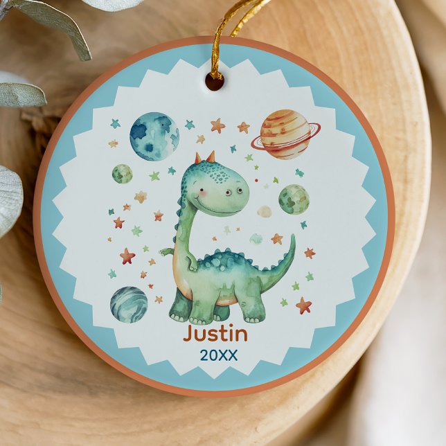Cute space dinosaur holiday keepsake personalized ceramic ornament (Creator Uploaded)