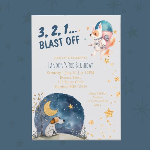 Cute Space Dogs Boys Third Birthday Invitation